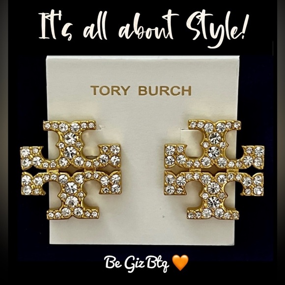 Tory Burch Authentic Kira Crystal Pave Tory Logo Gold Bold Stud Earrings - Picture 5 of 13